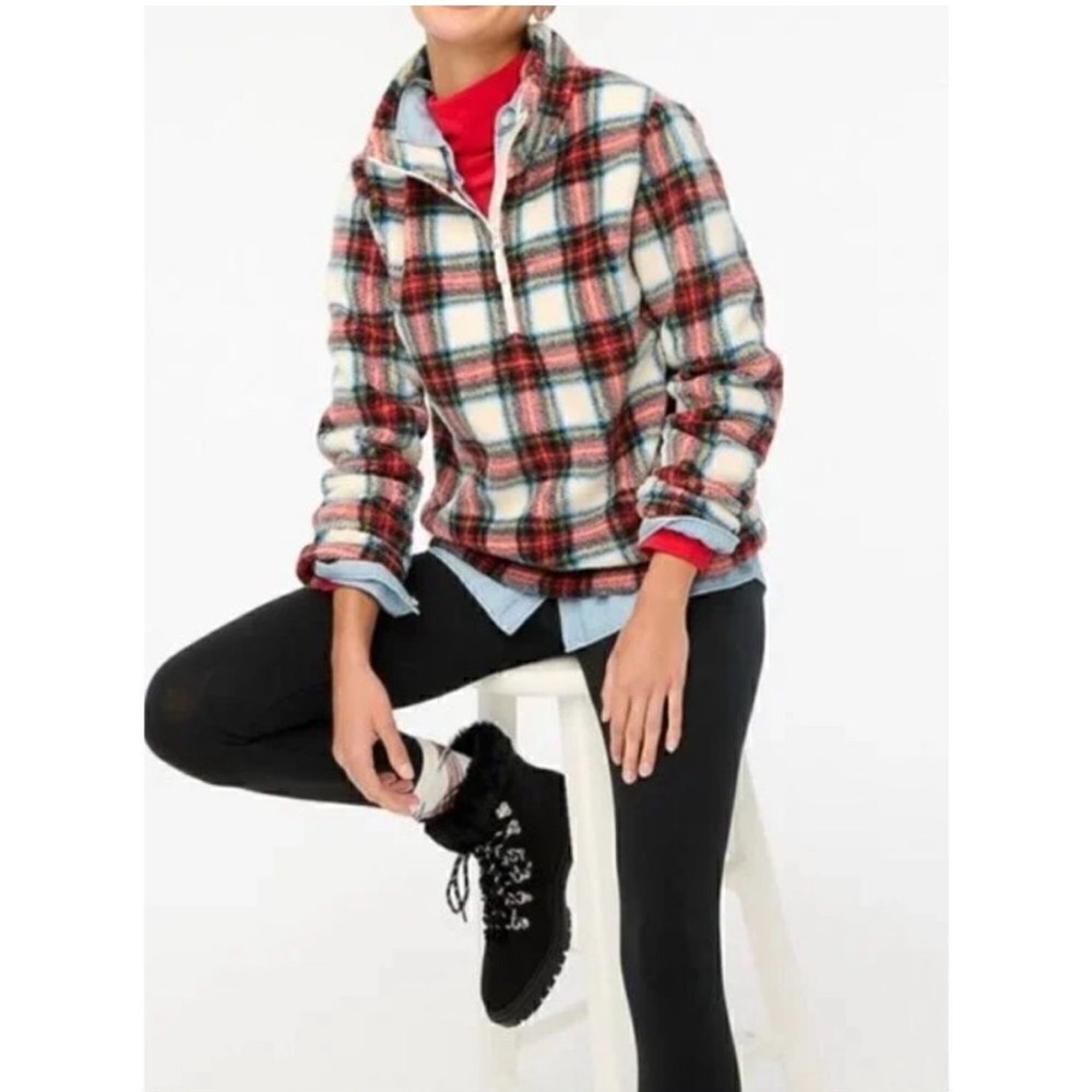 J. Crew Sherpa Tartan Plaid 1/4 Zip Pop Over Fleece Sweater Soft Cozy Rustic